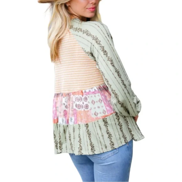 NEW HAPTICS OLIVE & MUSTARD BOHO TWO TONE TIERED BABYDOLL TOP - Picture 9 of 11